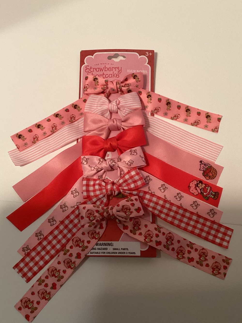 Strawberry Shortcake Print Pink & Red Bow Hair Ribbon Set for Kids NWT